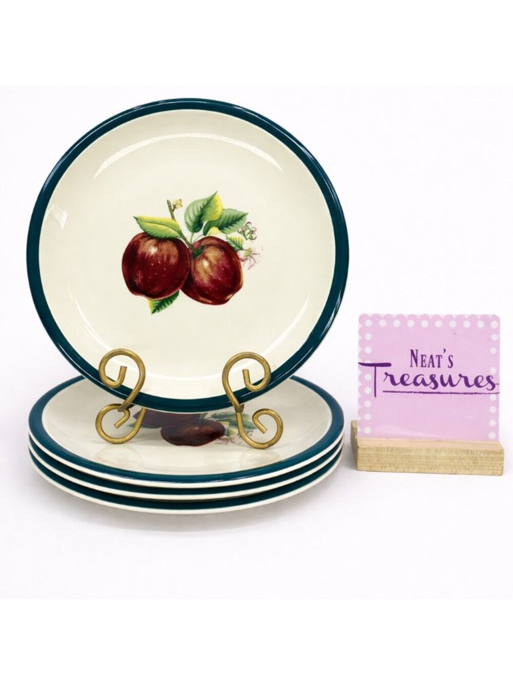 China Pearl Casuals APPLES Red Pink Floral Green  Stoneware Dinner Plates Set 4